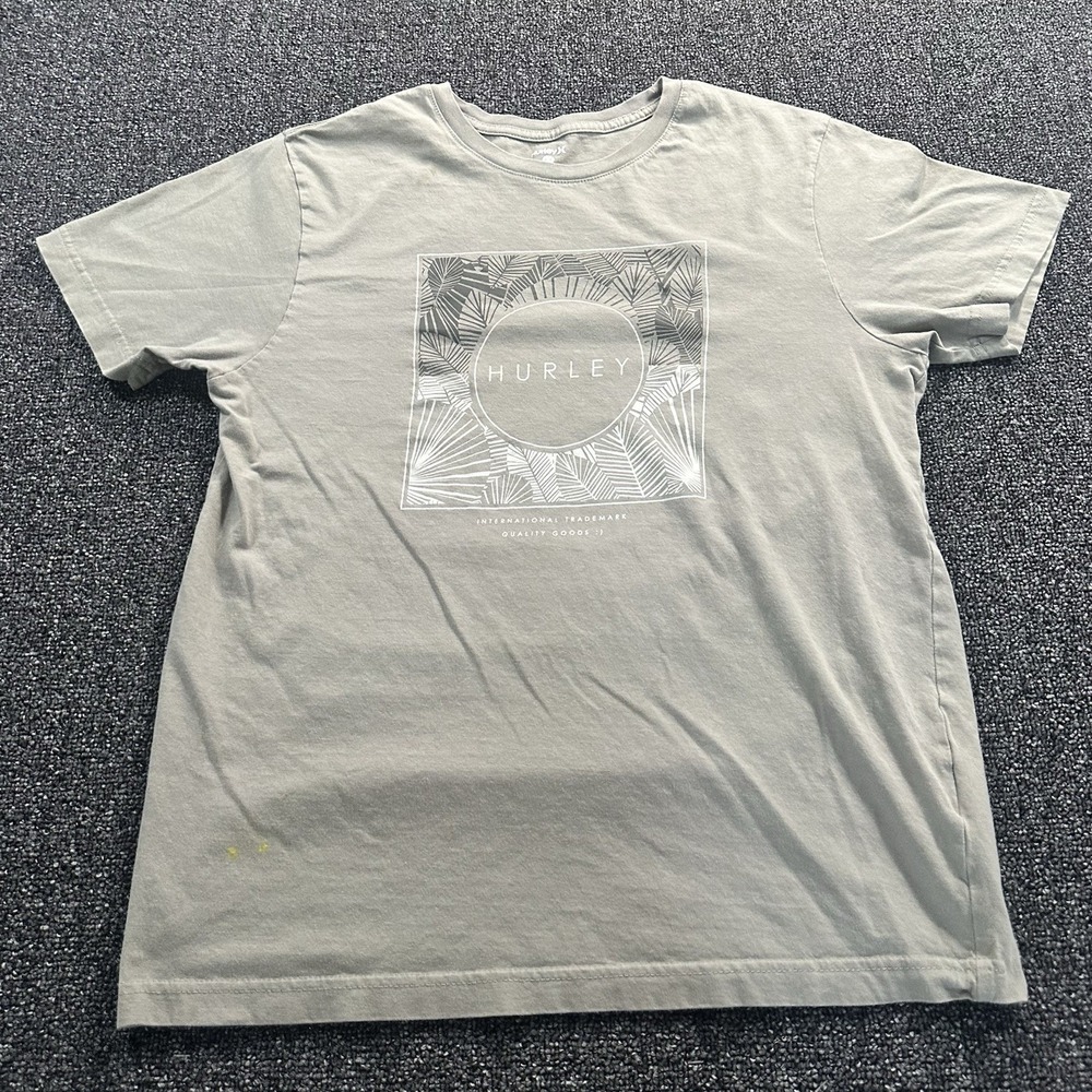 Hurley Mens Graphic T-Shirt Medium Sage Green Palm Leaf Print Short Sleeve Tee